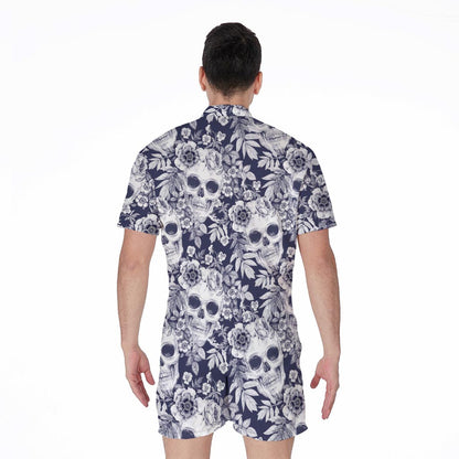White Blue Skull Floral Pattern Print Men's Rompers