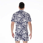 White Blue Skull Floral Pattern Print Men's Rompers
