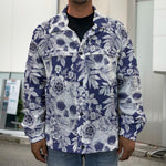 White Blue Skull Floral Pattern Print Men's Shirt Jacket