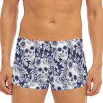 White Blue Skull Floral Pattern Print Men's Short Boxer Briefs