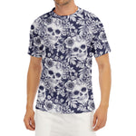 White Blue Skull Floral Pattern Print Men's Short Sleeve Rash Guard