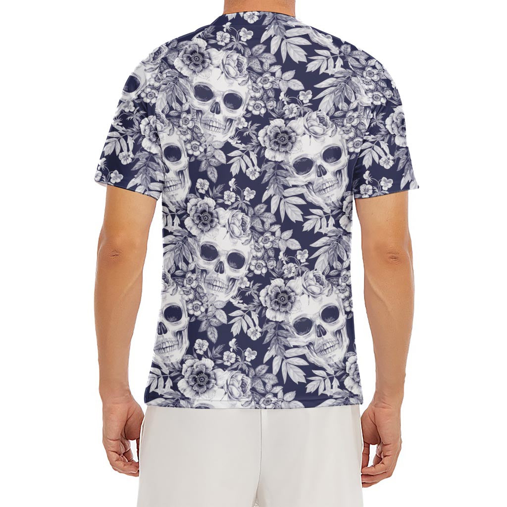 White Blue Skull Floral Pattern Print Men's Short Sleeve Rash Guard