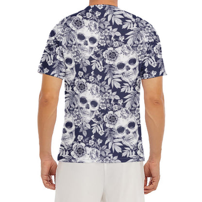 White Blue Skull Floral Pattern Print Men's Short Sleeve Rash Guard