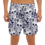 White Blue Skull Floral Pattern Print Men's Split Running Shorts