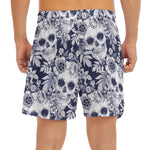 White Blue Skull Floral Pattern Print Men's Split Running Shorts