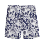 White Blue Skull Floral Pattern Print Men's Sports Shorts