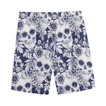 White Blue Skull Floral Pattern Print Men's Sports Shorts