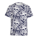 White Blue Skull Floral Pattern Print Men's Sports T-Shirt