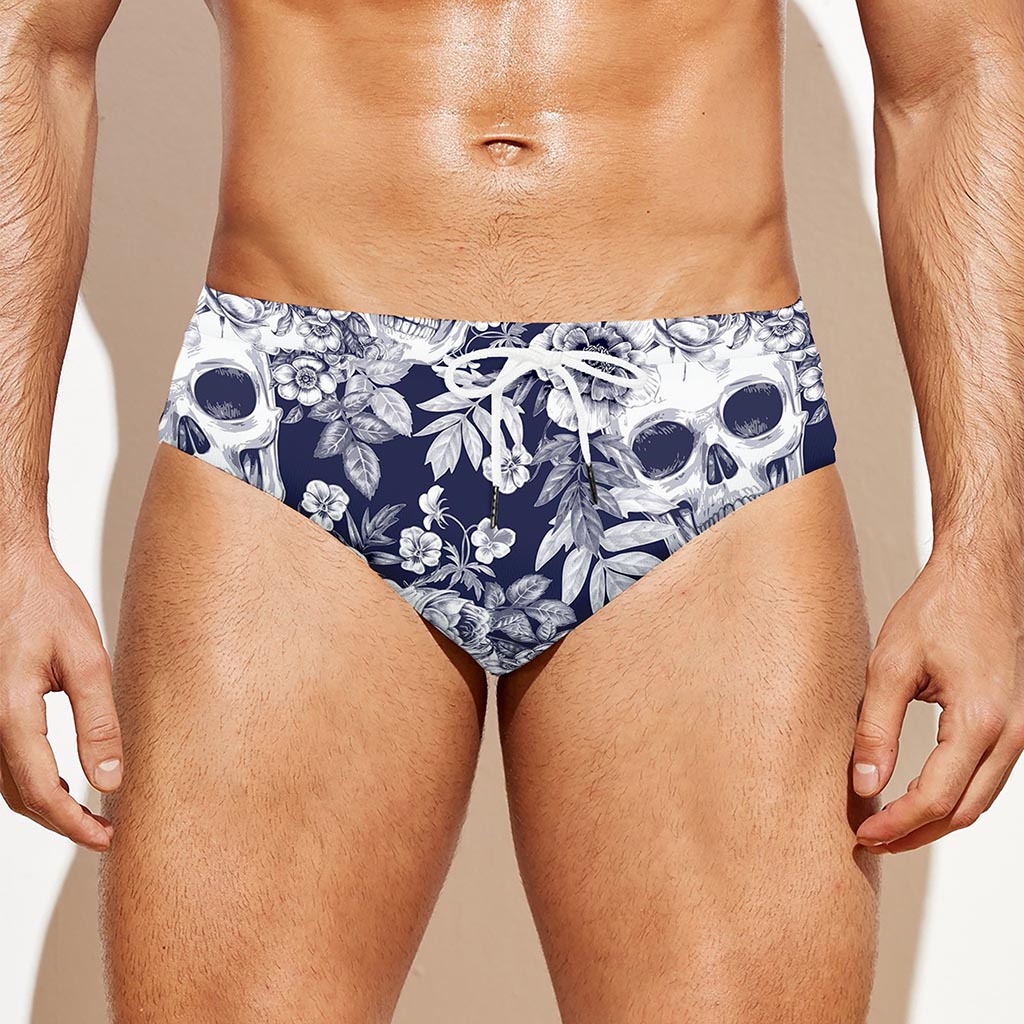 White Blue Skull Floral Pattern Print Men's Swim Briefs