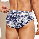 White Blue Skull Floral Pattern Print Men's Swim Briefs