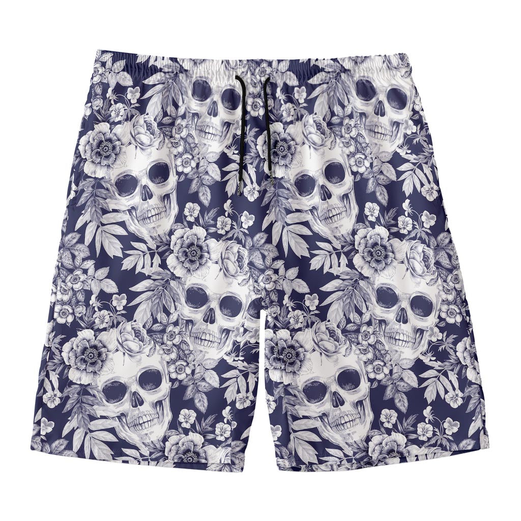 White Blue Skull Floral Pattern Print Men's Swim Trunks