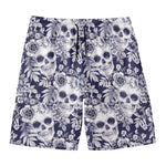 White Blue Skull Floral Pattern Print Men's Swim Trunks