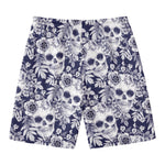 White Blue Skull Floral Pattern Print Men's Swim Trunks