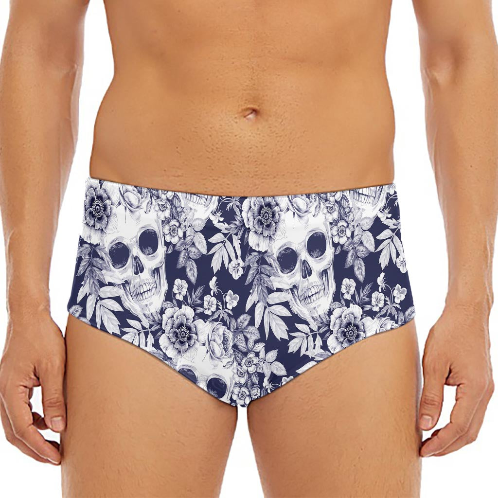 White Blue Skull Floral Pattern Print Men's Triangle Swim Briefs