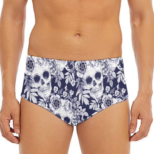 White Blue Skull Floral Pattern Print Men's Triangle Swim Briefs