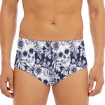 White Blue Skull Floral Pattern Print Men's Triangle Swim Briefs