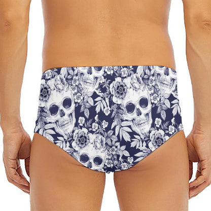 White Blue Skull Floral Pattern Print Men's Triangle Swim Briefs