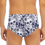 White Blue Skull Floral Pattern Print Men's Triangle Swim Briefs