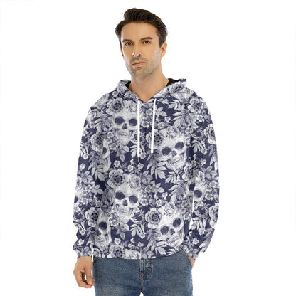 White Blue Skull Floral Pattern Print Men's Velvet Pullover Hoodie