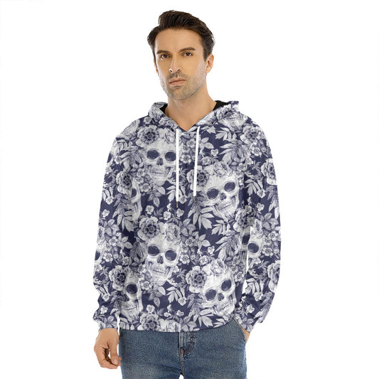 White Blue Skull Floral Pattern Print Men's Velvet Pullover Hoodie