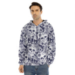 White Blue Skull Floral Pattern Print Men's Velvet Pullover Hoodie