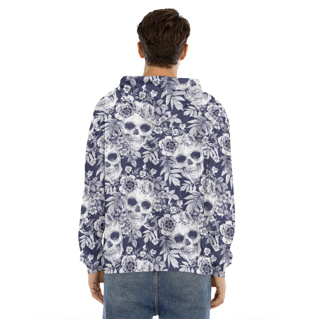 White Blue Skull Floral Pattern Print Men's Velvet Pullover Hoodie