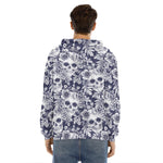 White Blue Skull Floral Pattern Print Men's Velvet Pullover Hoodie