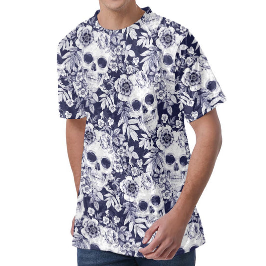 White Blue Skull Floral Pattern Print Men's Velvet T-Shirt