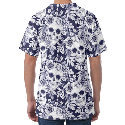 White Blue Skull Floral Pattern Print Men's Velvet T-Shirt