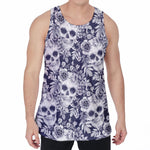 White Blue Skull Floral Pattern Print Men's Velvet Tank Top
