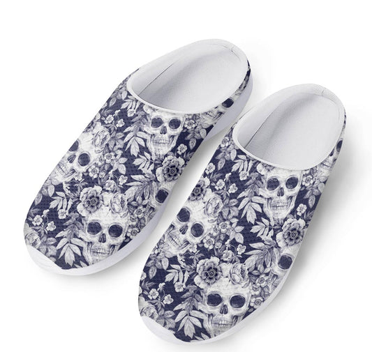 White Blue Skull Floral Pattern Print Mesh Casual Shoes