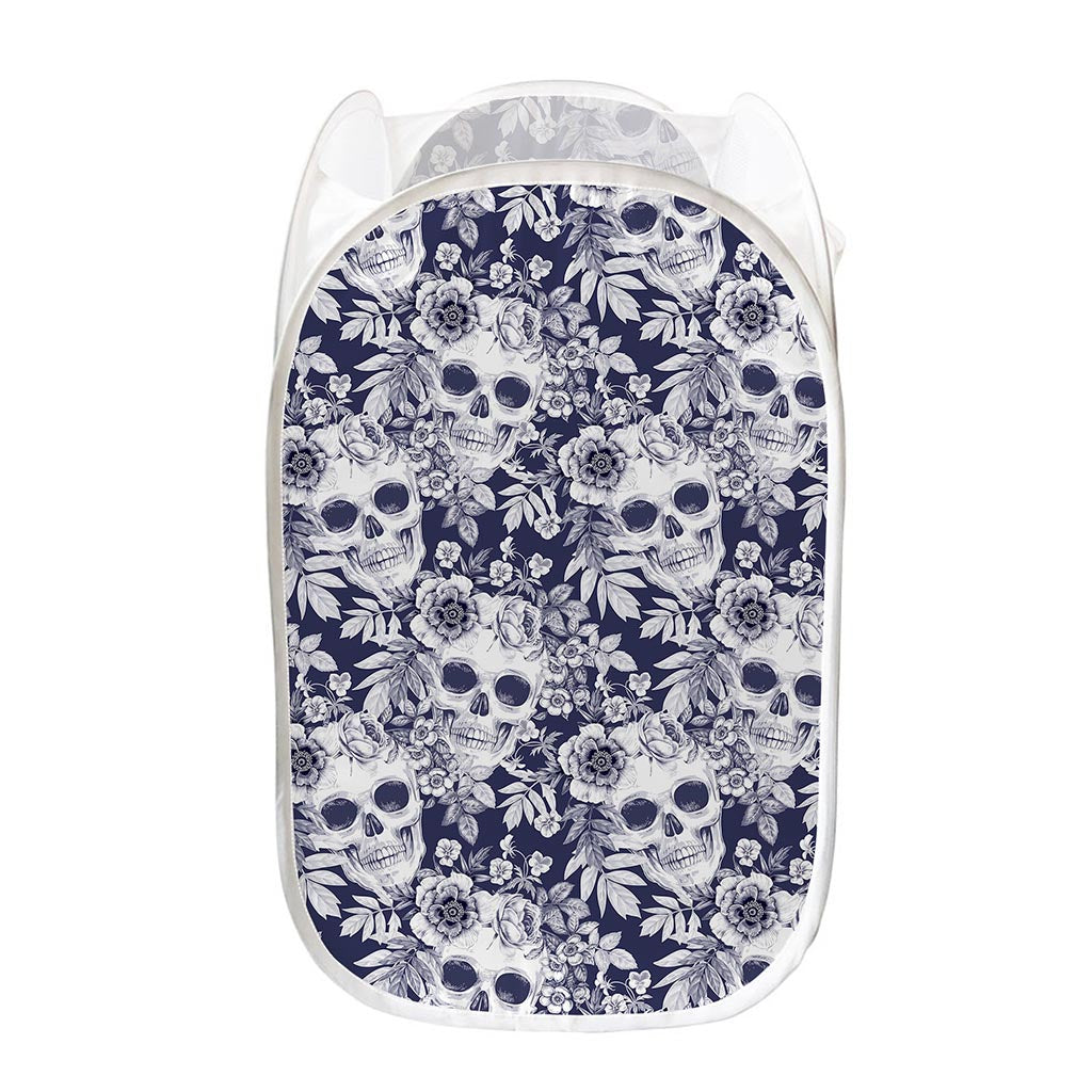 White Blue Skull Floral Pattern Print Mesh Laundry Hamper