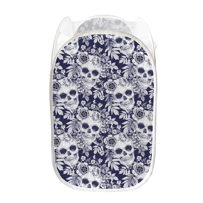 White Blue Skull Floral Pattern Print Mesh Laundry Hamper