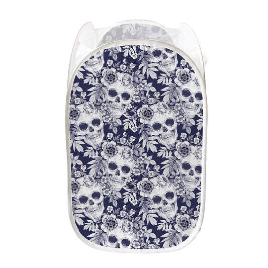 White Blue Skull Floral Pattern Print Mesh Laundry Hamper