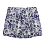 White Blue Skull Floral Pattern Print Mesh Shorts