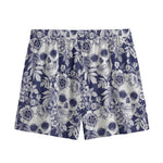 White Blue Skull Floral Pattern Print Mesh Shorts