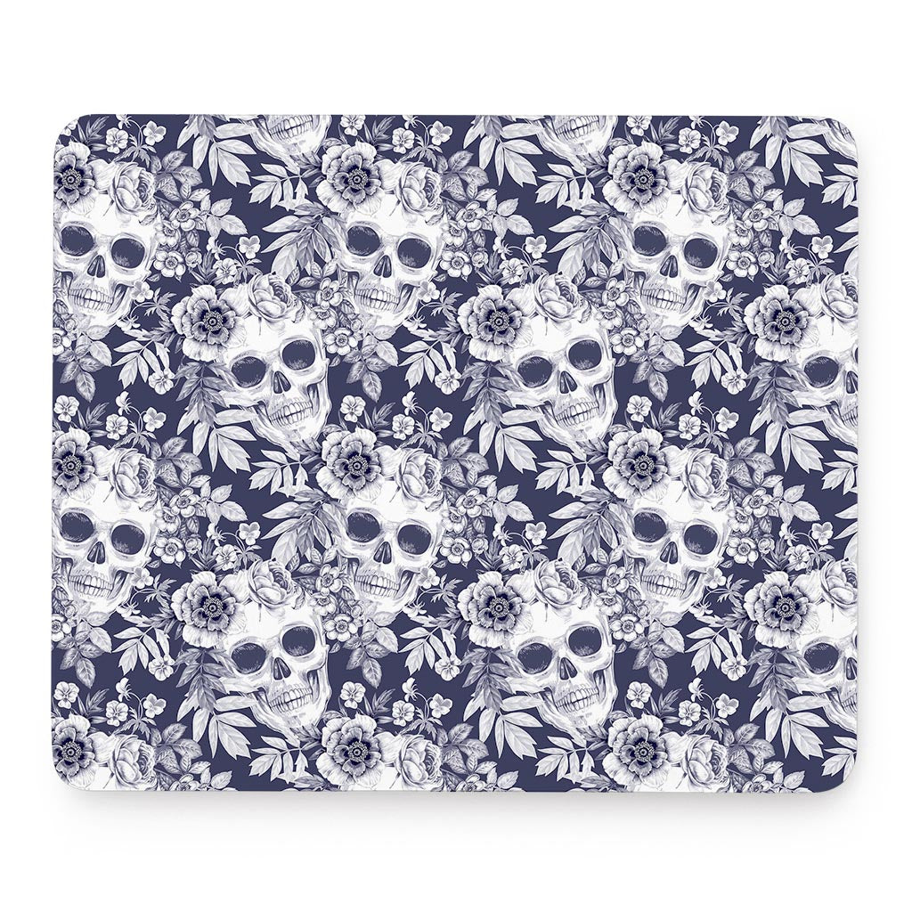 White Blue Skull Floral Pattern Print Mouse Pad