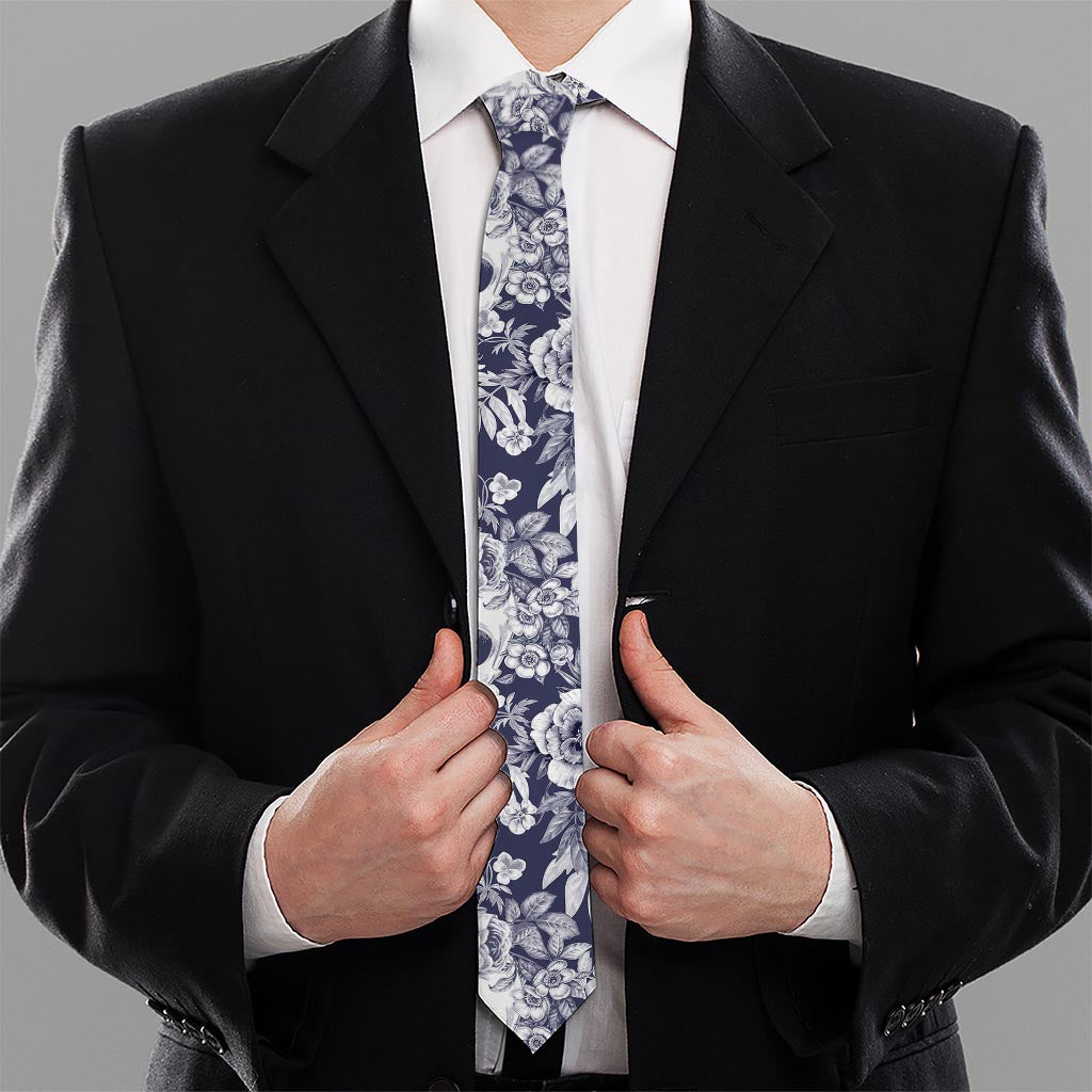 White Blue Skull Floral Pattern Print Necktie