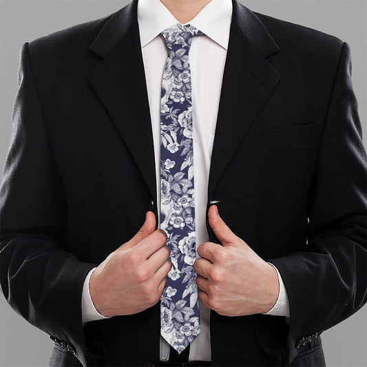 White Blue Skull Floral Pattern Print Necktie