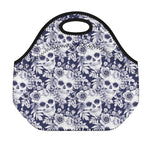 White Blue Skull Floral Pattern Print Neoprene Lunch Bag