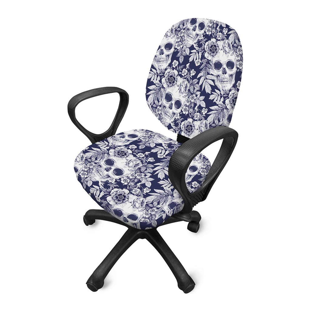 White Blue Skull Floral Pattern Print Office Chair Cover