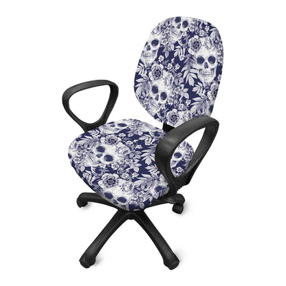White Blue Skull Floral Pattern Print Office Chair Cover