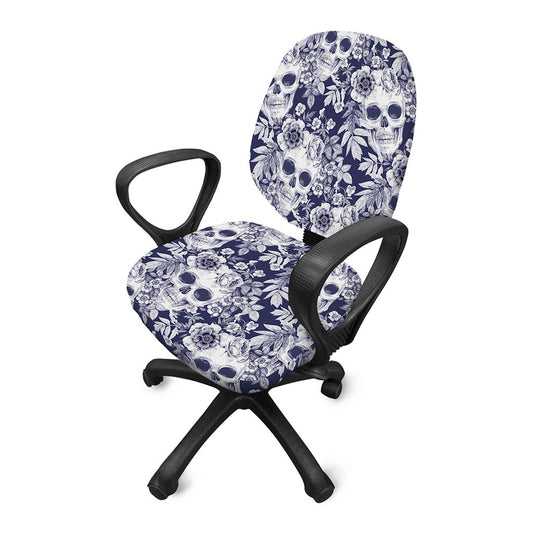 White Blue Skull Floral Pattern Print Office Chair Cover
