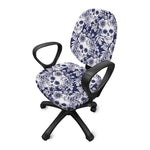 White Blue Skull Floral Pattern Print Office Chair Cover