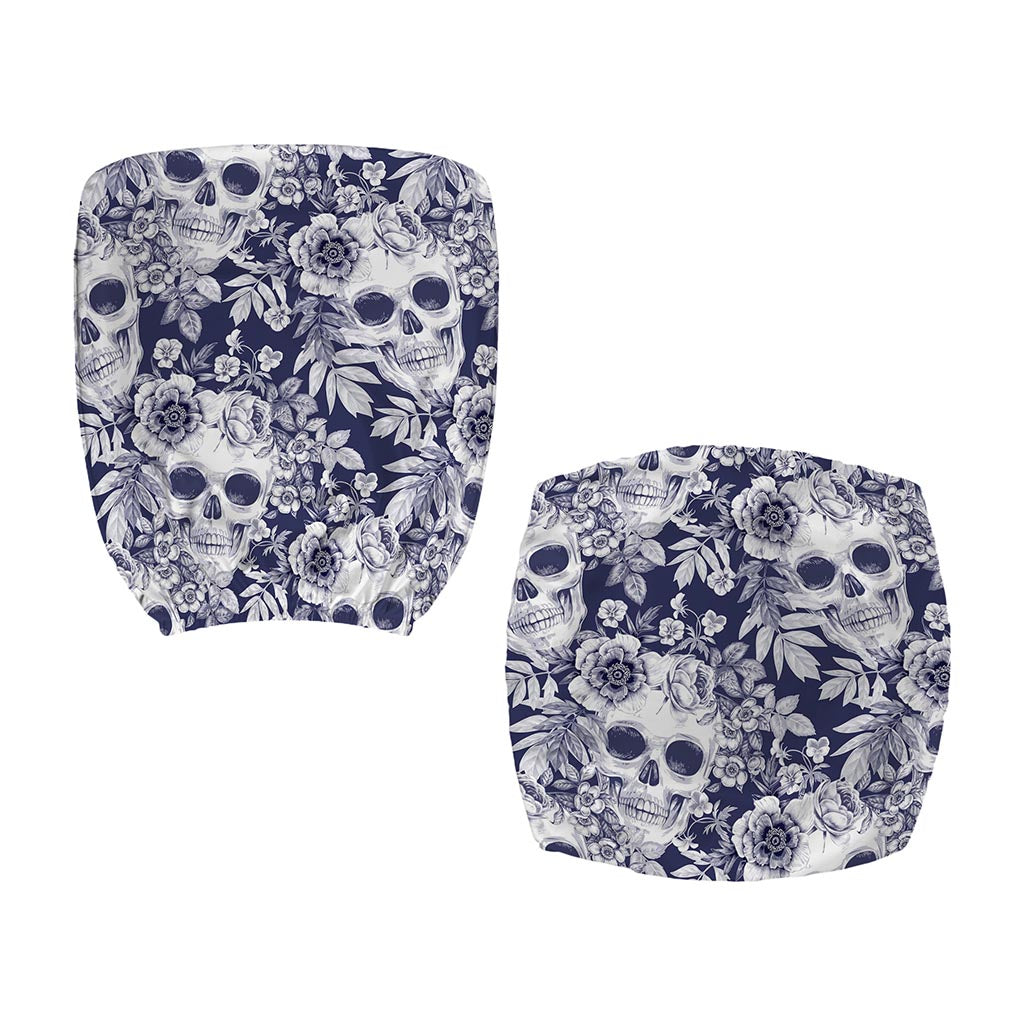 White Blue Skull Floral Pattern Print Office Chair Cover