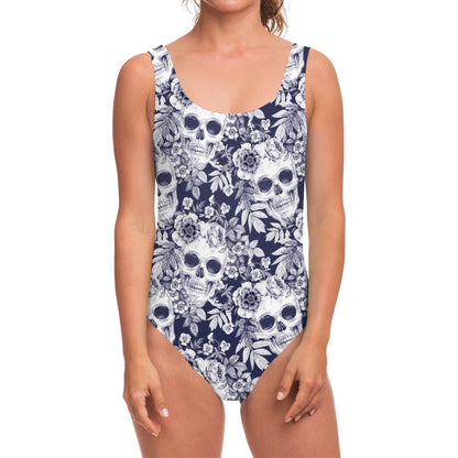 White Blue Skull Floral Pattern Print One Piece Swimsuit