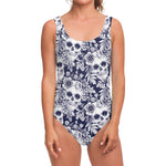 White Blue Skull Floral Pattern Print One Piece Swimsuit