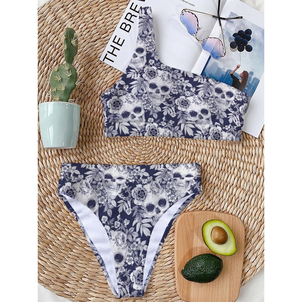 White Blue Skull Floral Pattern Print One Shoulder Bikini Top