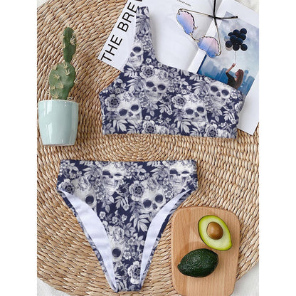 White Blue Skull Floral Pattern Print One Shoulder Bikini Top