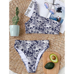 White Blue Skull Floral Pattern Print One Shoulder Bikini Top